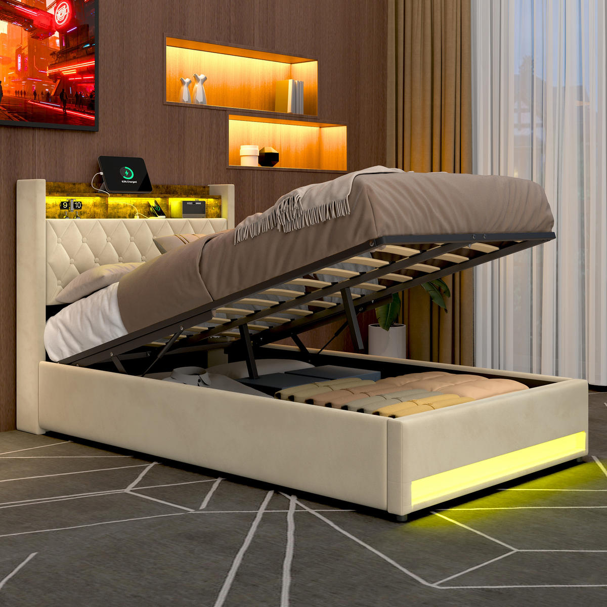 POLSTERBETT 140/190 cm Beige mit Stauraum-Kopfteil und LED-Lichtleiste - Beige, Textil (140/190cm) - OKWISH