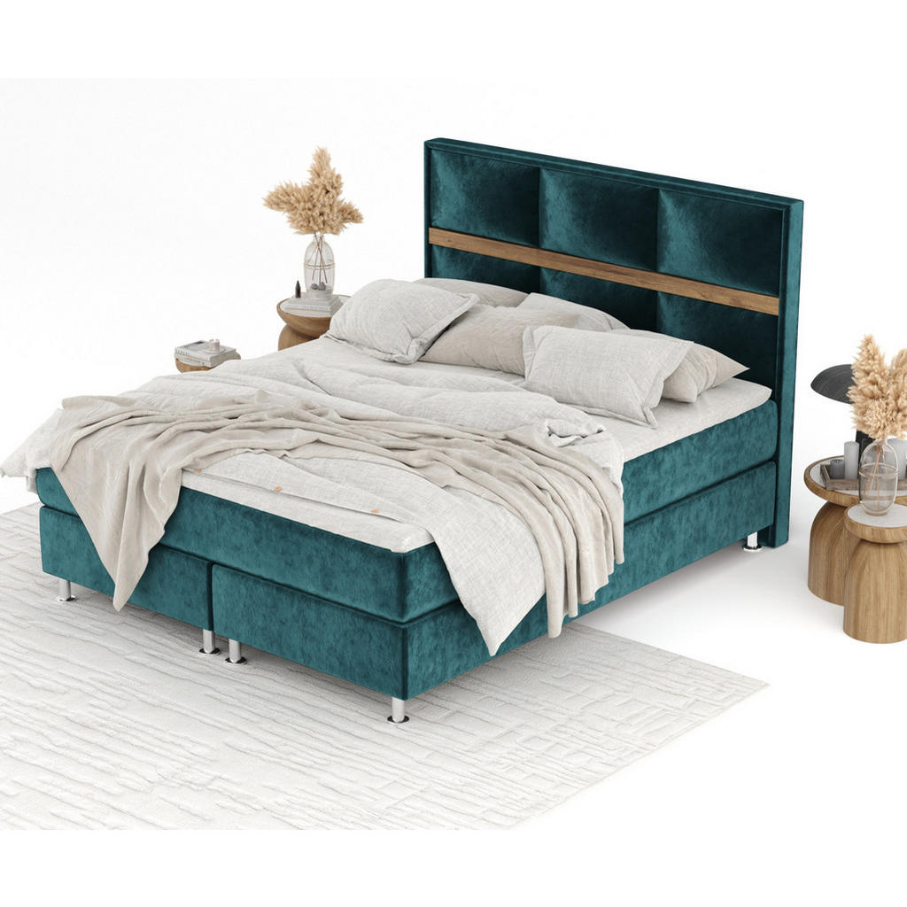 Thumbnail - Maison de Reve Boxspringbett, Türkis, Textil, Buche, Kiefer, H3, Höhe ca. 21 cm, 180x200 cm, Oeko-Tex® Standard 100, FSC...