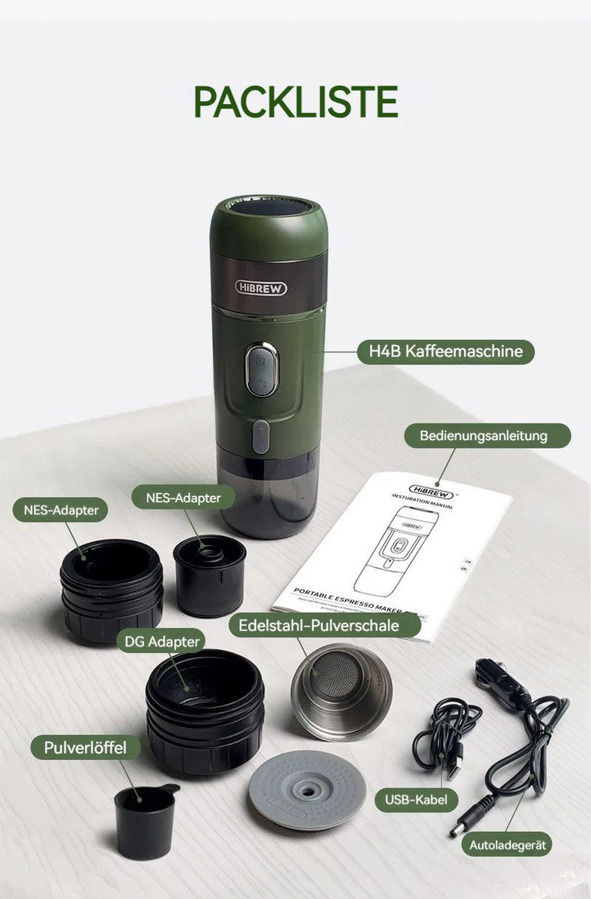 ESPRESSOMASCHINE Tragbare Auto 15 Bar 1200mAh für Auto, Reise/Camp - Grün, Metall (7.5/22/7.5cm) - BEXEVUE