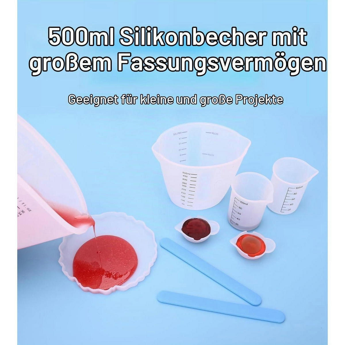 MESSBECHER Set 2-teilig Silikon 1000 ml mit Rührstäbchen - Blau, Kunststoff (1L)