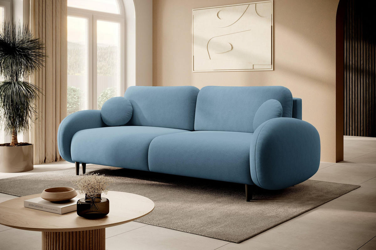 BETTSOFA AGIO Blau Plüsch-Stoff mit Schlaffunktion - Blau, Holz (232/95/109cm) - MASSENO