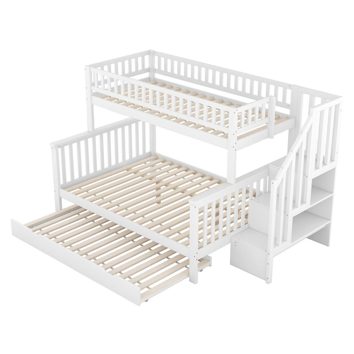 ETAGENBETT 253/240/160 cm aus Kiefer und MDF mit Ausziehbett und Stauraumtreppe Weiß - Weiß, Holz (140/200cm) - Modenvie