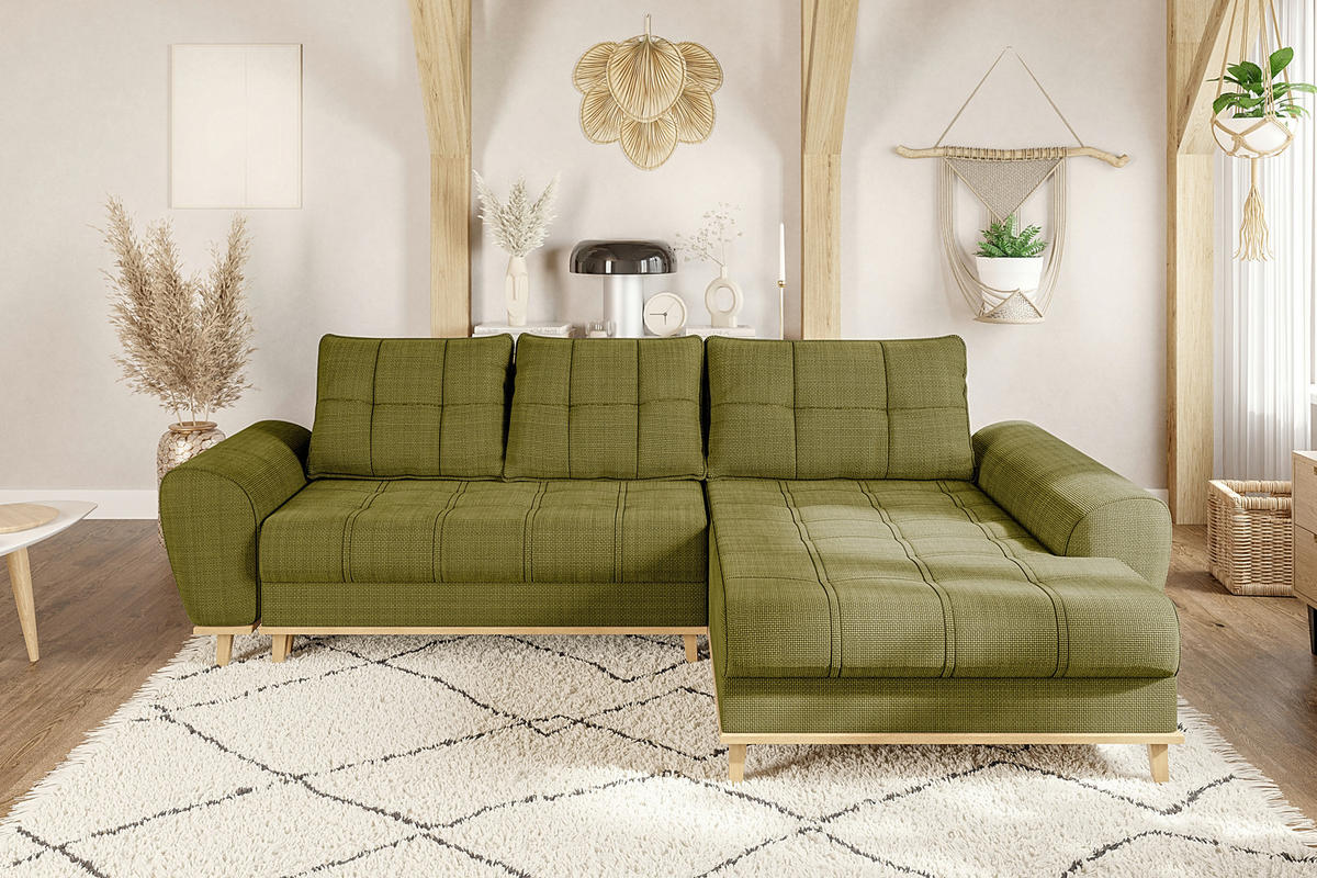 ECKSOFA im Scandi-Stil, Schlaffunktion, Bettkasten B268/T175/H86 cm, Ottomane rechts, Liegefl. 128x209 cm, Bouclé Chenille Stoff in Grün / 21015 - Eichefarben/Grün, Holz/Textil (268/175cm) - luma-home