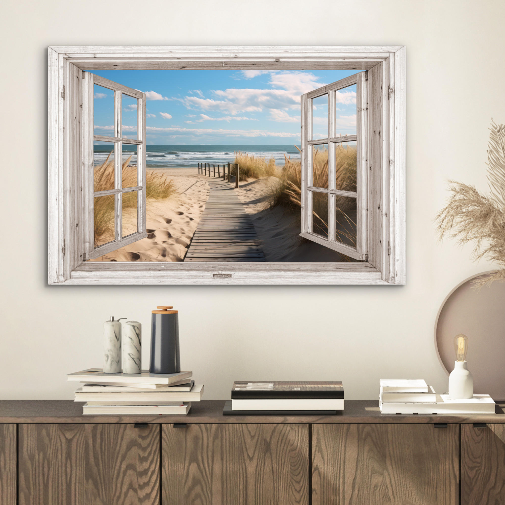 METALLBILD Fenster - Meer - Küste - Natur - Ausblick - Strand - Wattenmeer 60x40 cm - Beige, Metall (60/40cm) - MuchoWow
