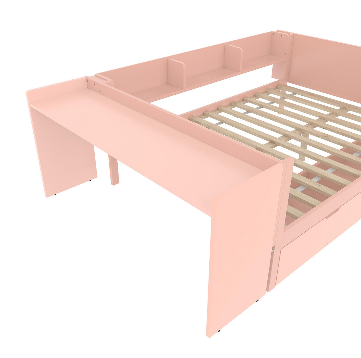 DOPPELBETT aus Kiefernholz und Spanplatte 140x200 cm Rosa mit Schreibtisch, Schubladen und Regalen - Rosa, Holzwerkstoff (140/200cm) - IVMEU