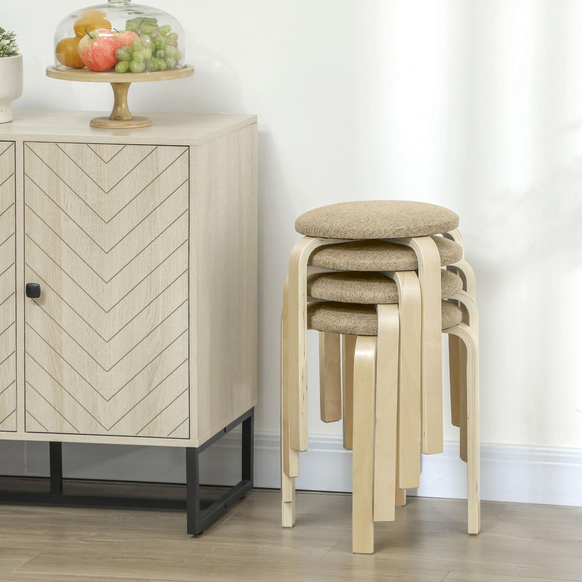 HOCKER 4er Set Holzwerkstoff Polyester Khaki - Naturfarben/Braun, Birkenholz/Holzwerkstoff (40/45/40cm) - HOMCOM