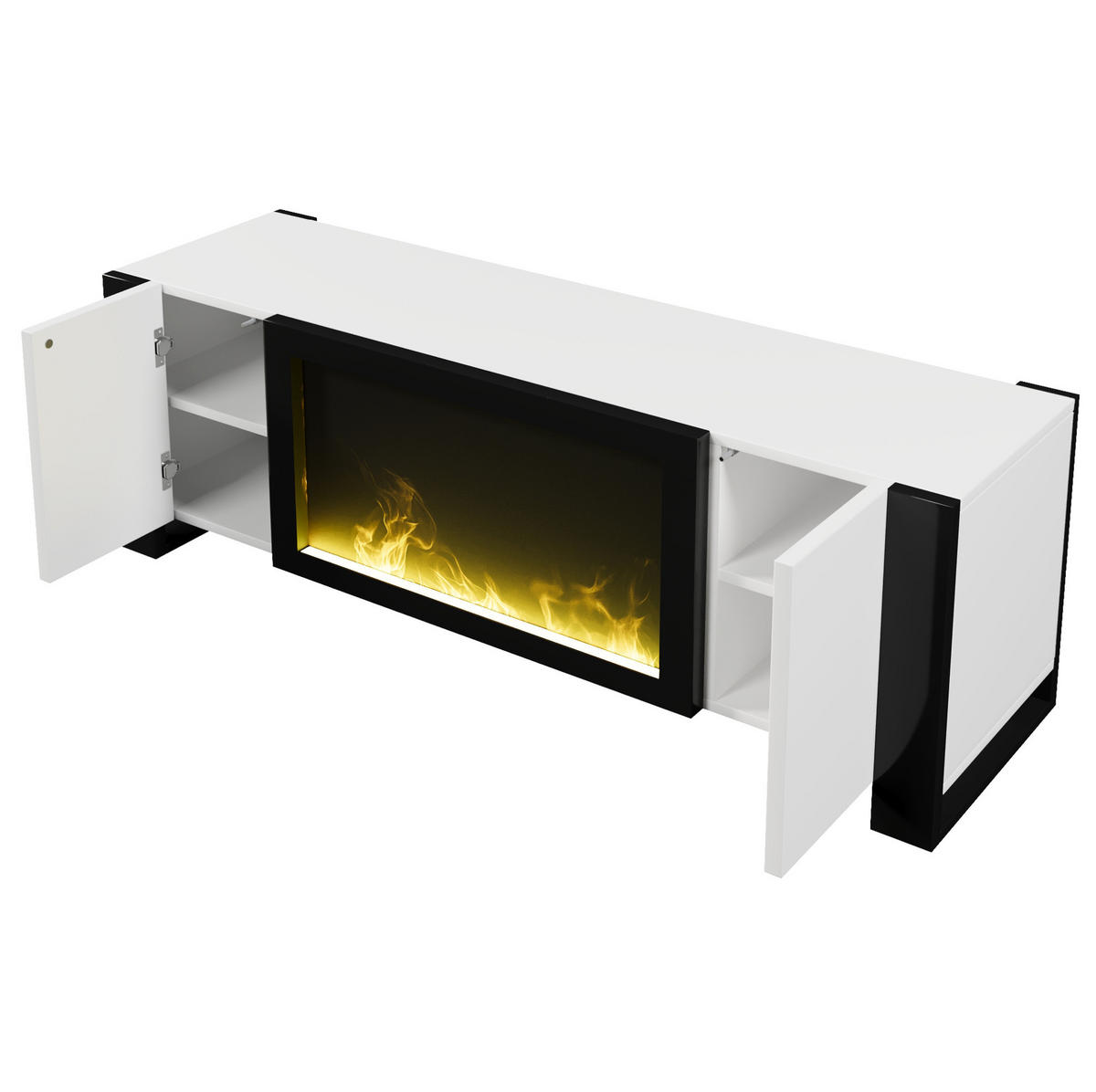 TV stolek 165/32/55 cm s elektrickým krbem, vysoký lesk a úložný prostor, Bílá/Černá - černá, kompozitní dřevo (165/55/32cm) - Redom