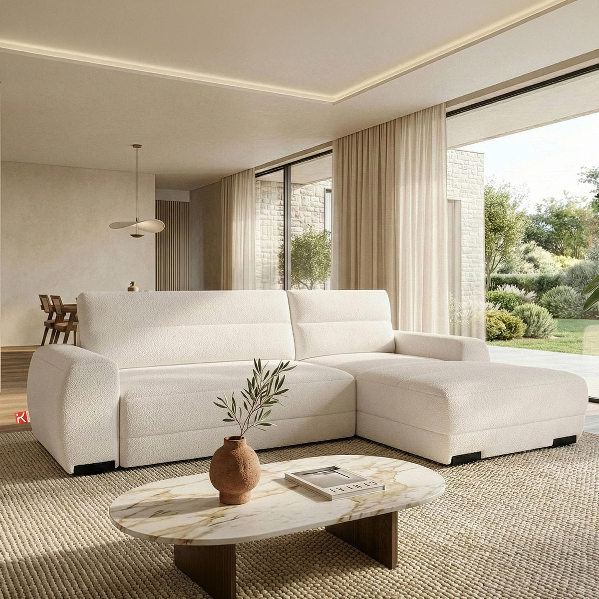 ECKSOFA RECHTS BLUME, Ecru - Ecru, Holz/Holzwerkstoff (271/164cm) - KONSIMO®