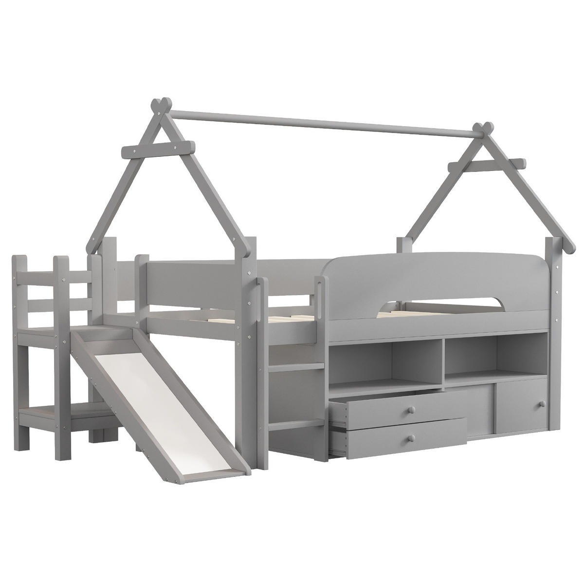 KINDEREINZELBETTEN aus Massivholz 90 x 200 cm in Grau mit Rutsche & Stauraum - Grau, Holz (90/200cm) - Modfu
