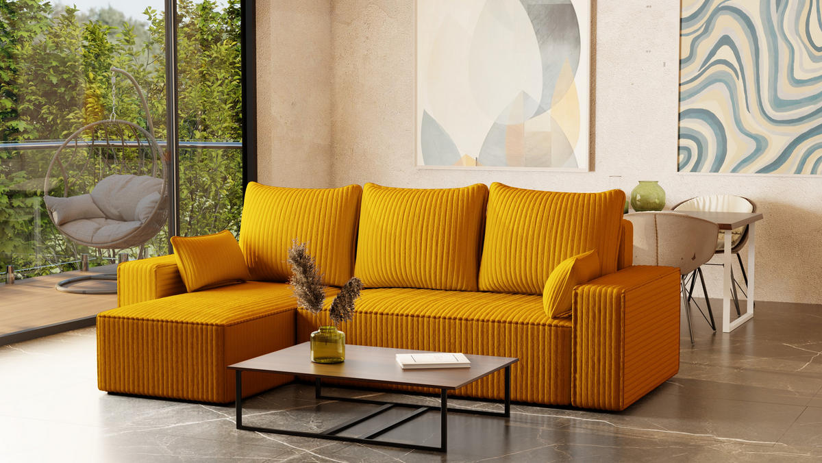 ECKSOFA Tobi mit Bettkasten und Schlaffunktion, L-Form/XL-Form, Cordstoff, Universal - Kupferfarben, Holzwerkstoff (246/145cm) - 4ALL HOME