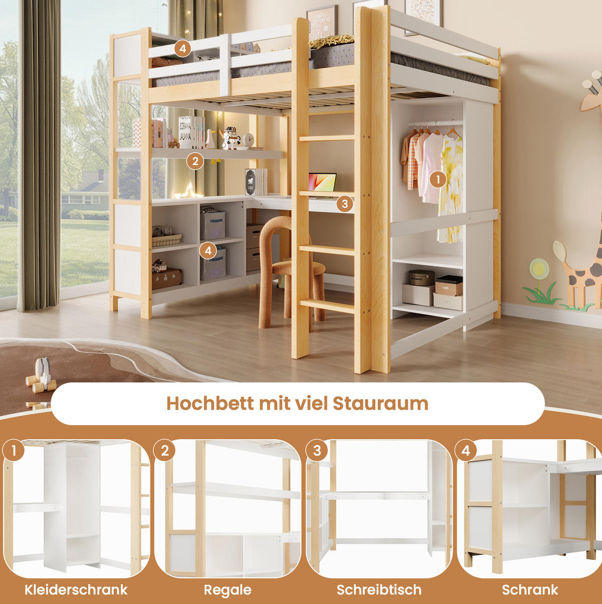 HOCHBETT 140/200 cm aus Kiefernholz mit Schreibtisch, Regalen und Kleiderschrank Natur - Naturfarben, Holz (140/200cm) - Modenvie