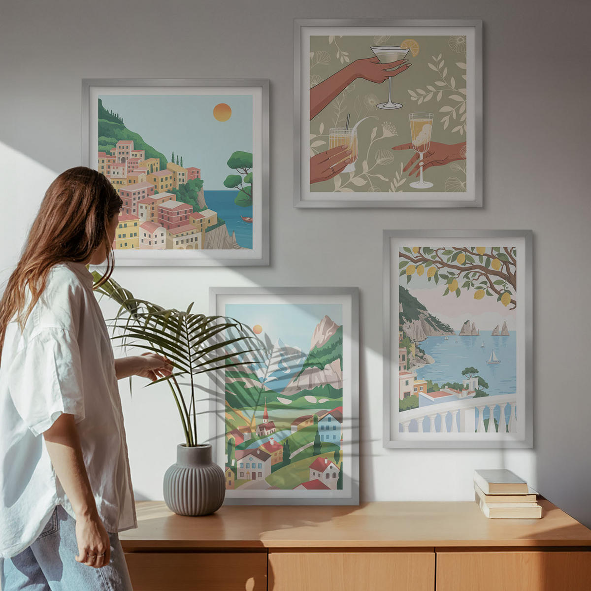 WANDBILDER 4er Set - 50x50 cm & 40x60 cm Silberner Rahmen - Pastellfarbene Küstenhäuser - Silberfarben, Kunststoff (50/50cm) - ArtPrintCave