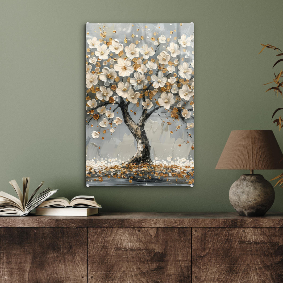 ACRYLGLASBILD Baum - Blumen - Weiß - Natur - Kunst 40x60 cm - Weiß, Glas (40/60cm) - MuchoWow