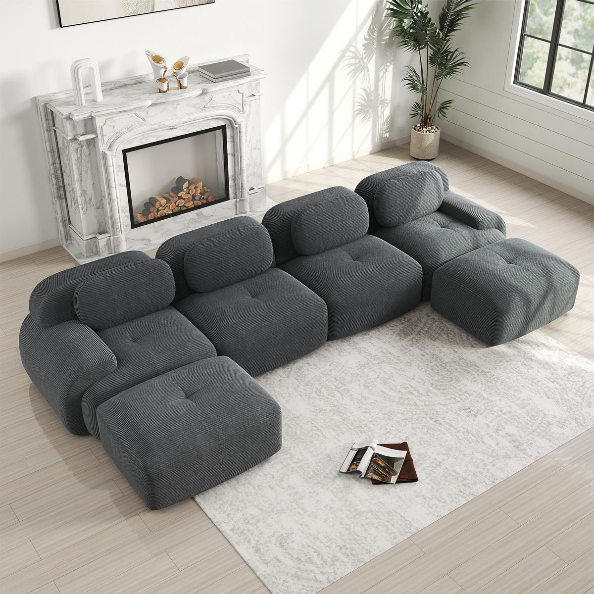 WOHNLANDSCHAFT Cord Grau montagefrei - Grau, Textil (388/75/178cm) - WISHDOR