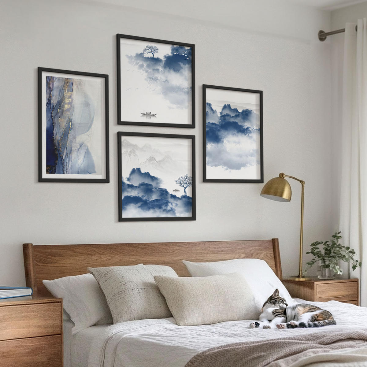 WANDBILDER 4er-Set - 50x50 cm & 40x60 cm Schwarzer Rahmen - Berge, Wolken, Bäume, Vögel im Hintergrund - Schwarz, Kunststoff (50/50cm) - ArtPrintCave