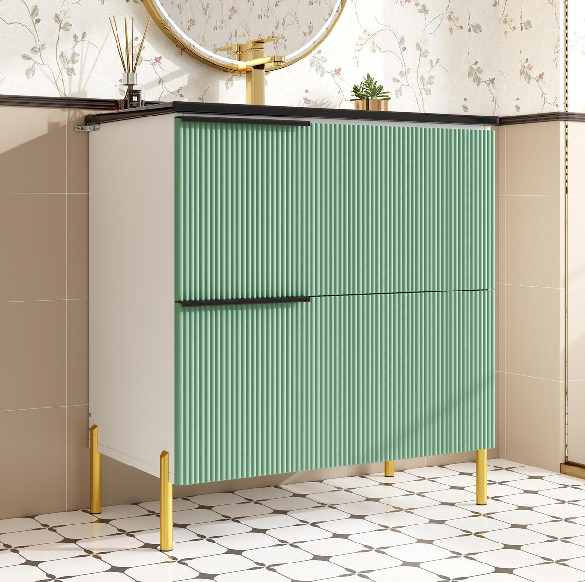WASCHTISCHKOMBI mit Keramikbecken 81.5x47x90cm in Grün, 2 Schubladen & Metallfüßen - Grün, Holzwerkstoff (81.5/90/47cm) - Modfu