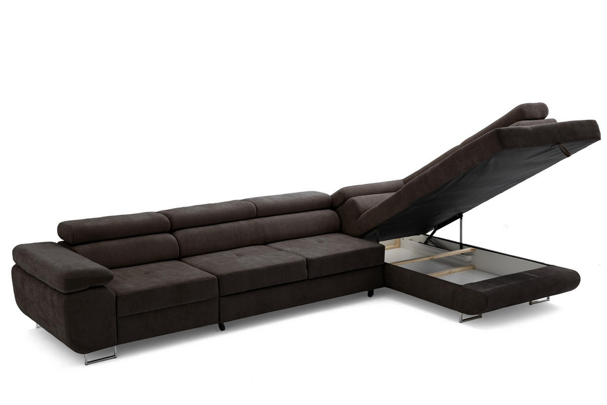 ECKSOFA WILD MAXI L Rechts mit Schlaffunktion 125x195 Chenille Dunkelbraun - Chromfarben/Dunkelbraun, Holz/Textil (203/350cm) - Muffo