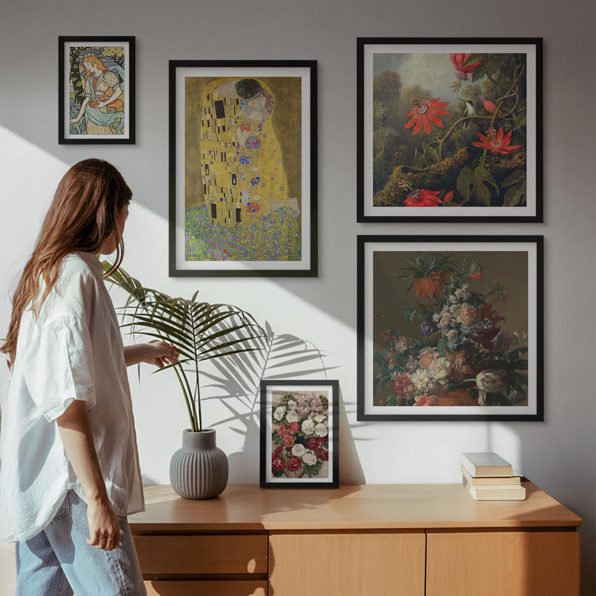 BILDER SET 5er Set - 50x50 cm & 20x30 cm & 40x60 cm Schwarzer Rahmen - Blumen des Baumes (Gemälde von Klimt) - Schwarz, Kunststoff (40/60cm) - TULUP