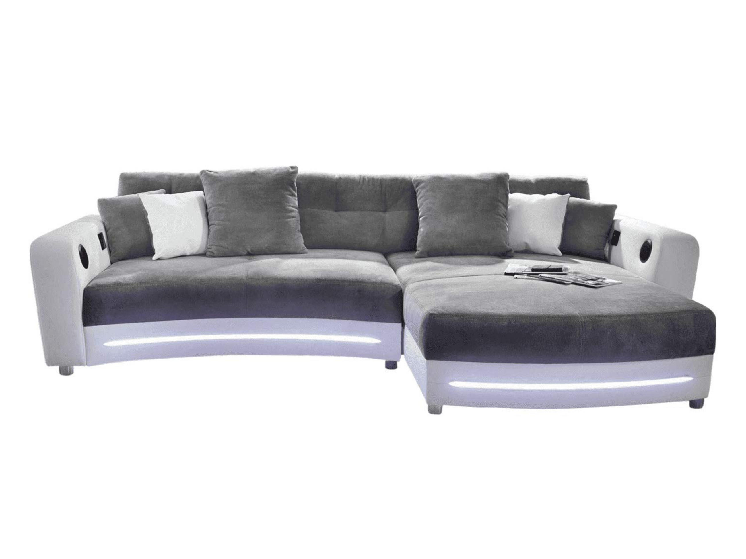 MULTIMEDIA-ECKSOFA Soundsystem RGB-LED Beleuchtung Bluetooth USB AUX-in, seitenverkehrt montierbar B322/T190/H88cm, Kunstleder Weiß-Mikrof.Grau/15410 - Chromfarben/Weiß, Textil/Metall (322/88/190cm) - luma-home