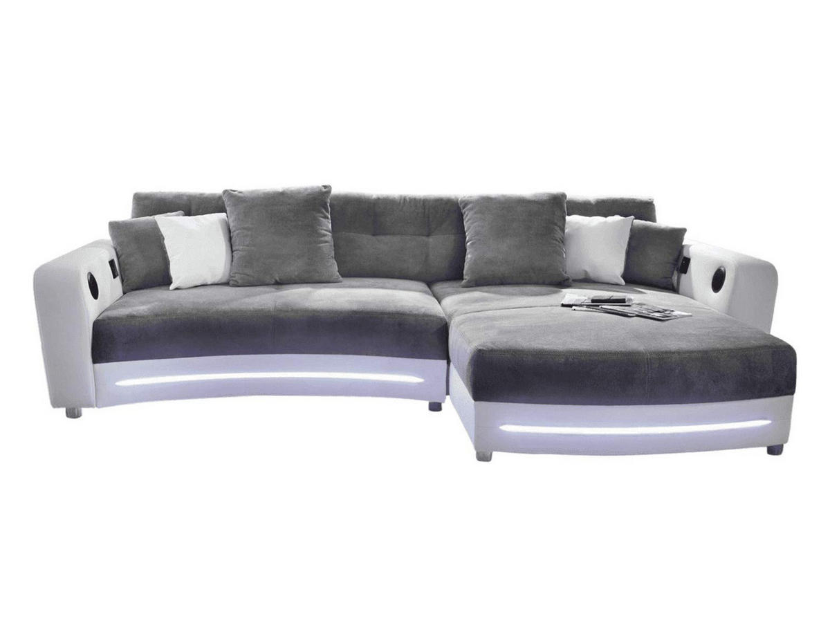 MULTIMEDIA-ECKSOFA Soundsystem RGB-LED Beleuchtung Bluetooth USB AUX-in, seitenverkehrt montierbar B322/T190/H88cm, Kunstleder Weiß-Mikrof.Grau/15410 - Chromfarben/Weiß, Textil/Metall (322/88/190cm) - luma-home