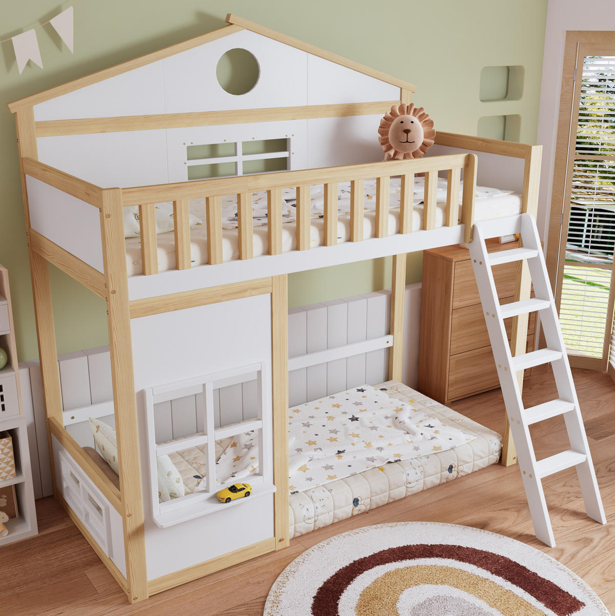 ETAGENBETT aus Kiefer und MDF 90x200 cm Weiß/Natur mit Treppe, Fallschutz, Dach und Fenstern - Weiß, Holzwerkstoff (90/200cm) - Modfu