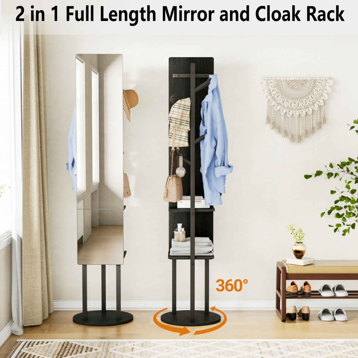 GARDEROBENSTÄNDER mit Ganzkörperspiegel 360° drehbar Holzwerkstoff Stahl Schwarz - Schwarz, Metall (40/174/40cm) - Beauniv