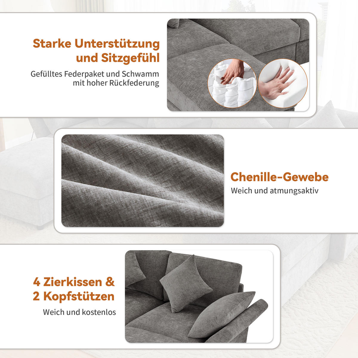 WOHNLANDSCHAFT 284/156.5/86 cm Grau mit 2 Hockern und verstellbaren Armlehnen - Grau, Textil (284/86/156.5cm) - Oxeza