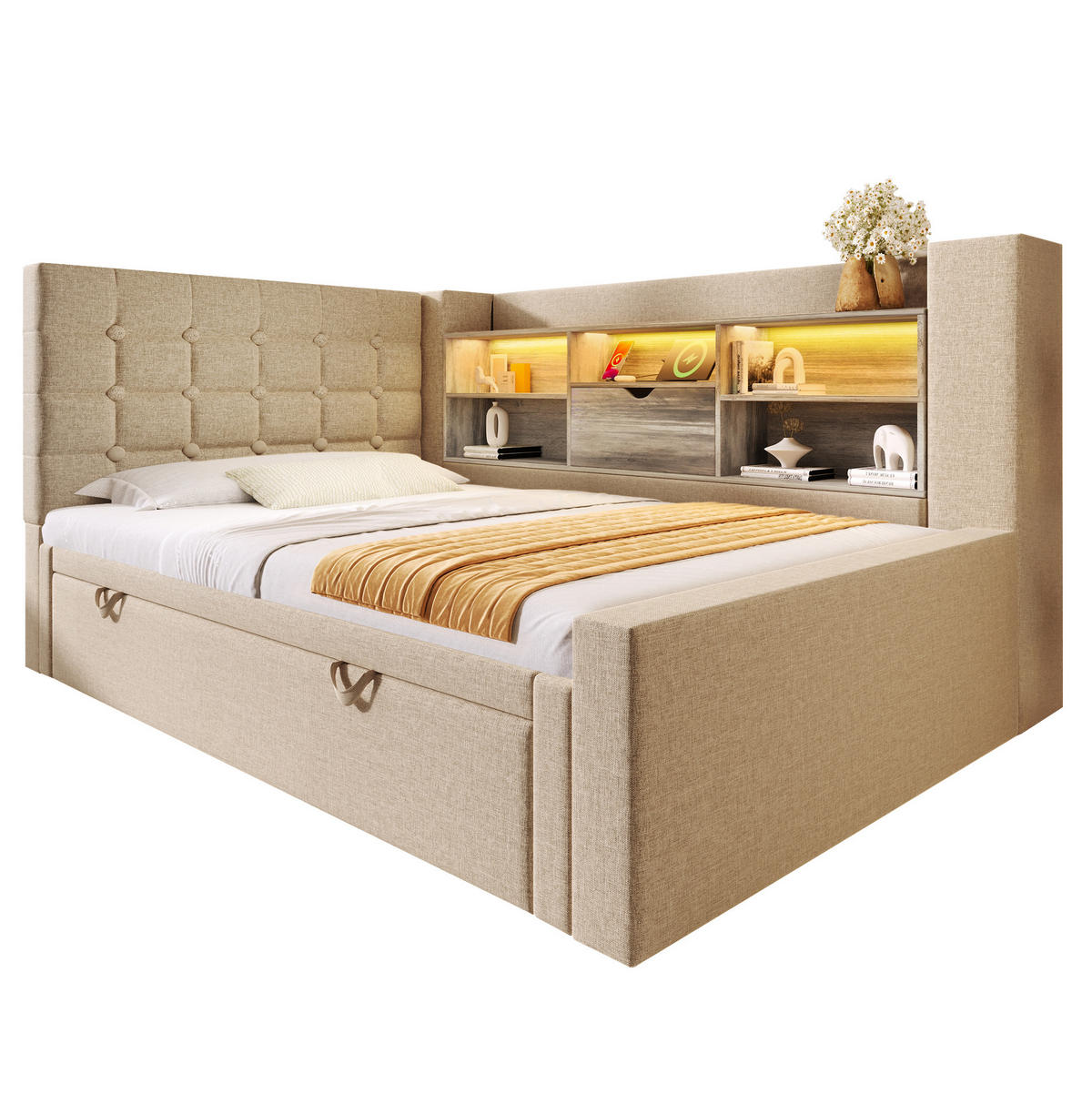 BETT mit Ausziehbett und Stauraum 90x200 cm Leinen Beige - Beige, Metall (90/200cm) - Beauniv