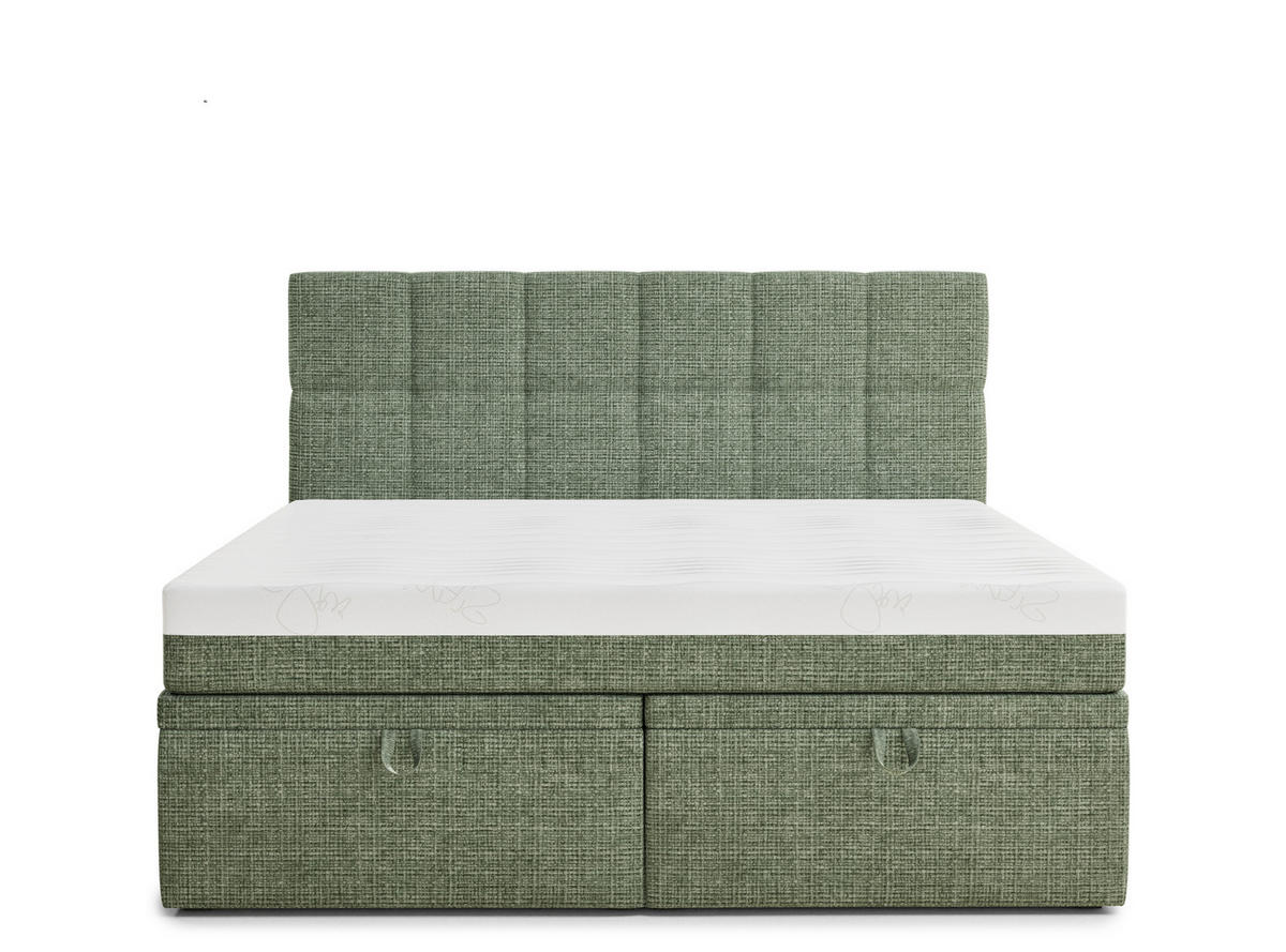 BOXBETT 140/200 cm Gotu M, in Grün, Matratze, gepolstertes Kopfteil, Bettkasten, H3 = fest - Schwarz/Grün, Holz/Holzwerkstoff (140/200cm) - Maison de Reve