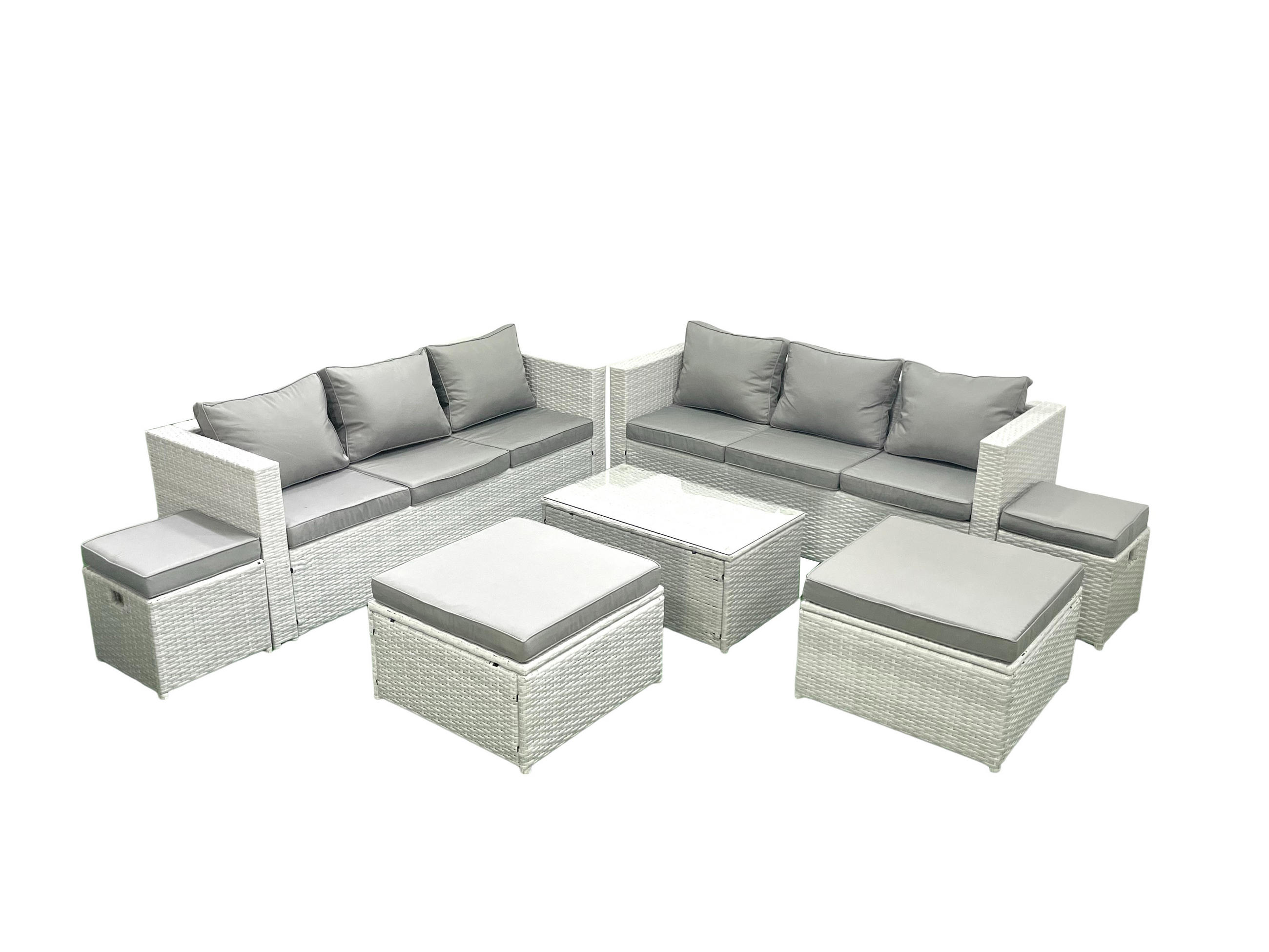 GARTENSET mit 3-SITZER SOFA,COUCHTISCH Polyrattan Hellgrau-Mix 10-Sitzer - Hellgrau/Grau, Glas/Kunststoff - Fimous