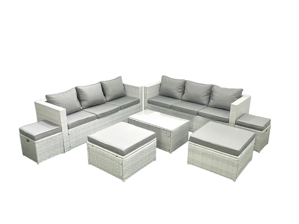 GARTENSET mit 3-SITZER SOFA,COUCHTISCH Polyrattan Hellgrau-Mix 10-Sitzer - Hellgrau/Grau, Glas/Kunststoff - Fimous