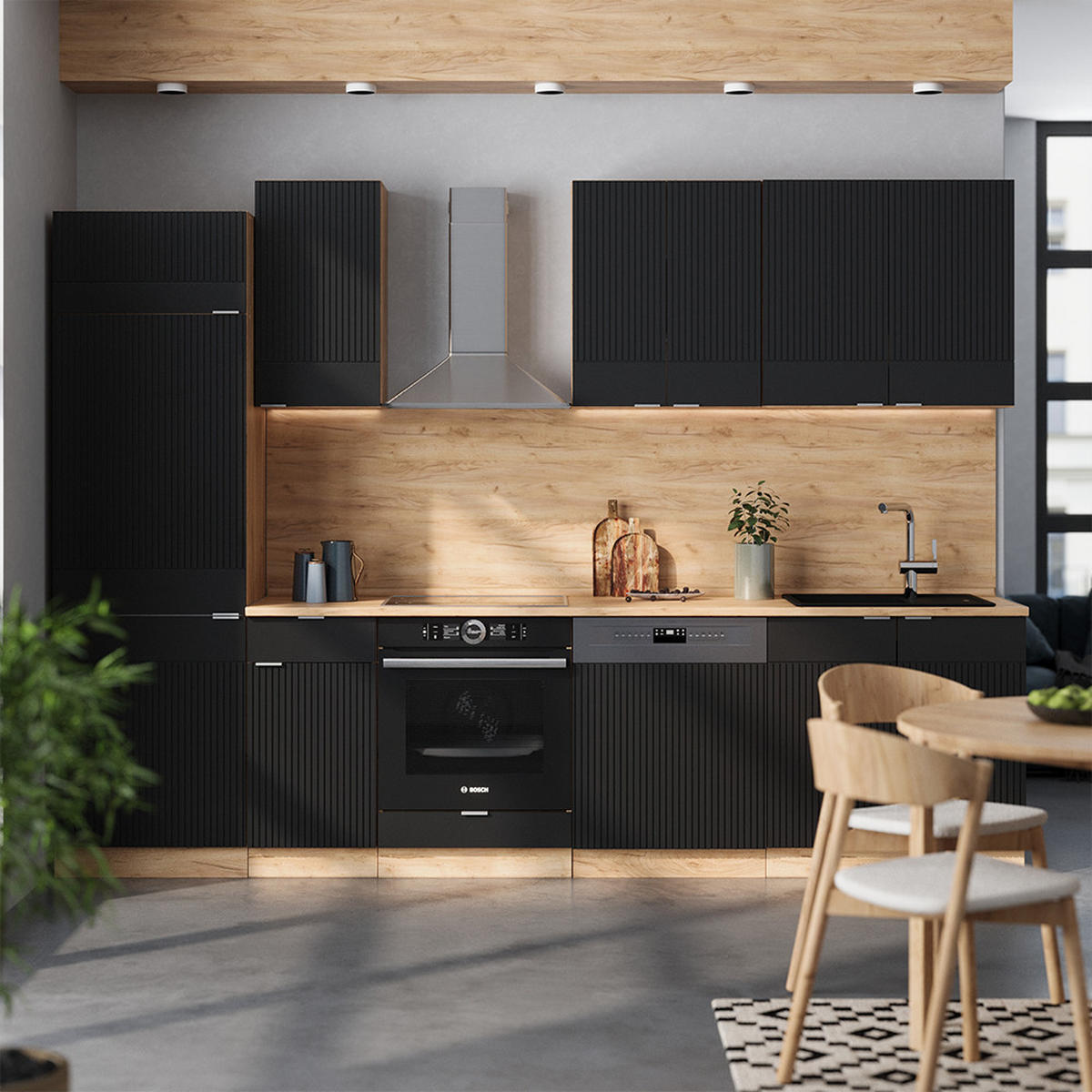 KUCHYŇSKÁ LINKA Fame-Line, černé pruhy/dub Goldkraft, 300 cm, dub AP - medově dubová/černá, kompozitní dřevo (300/81.6/60cm) - Vicco