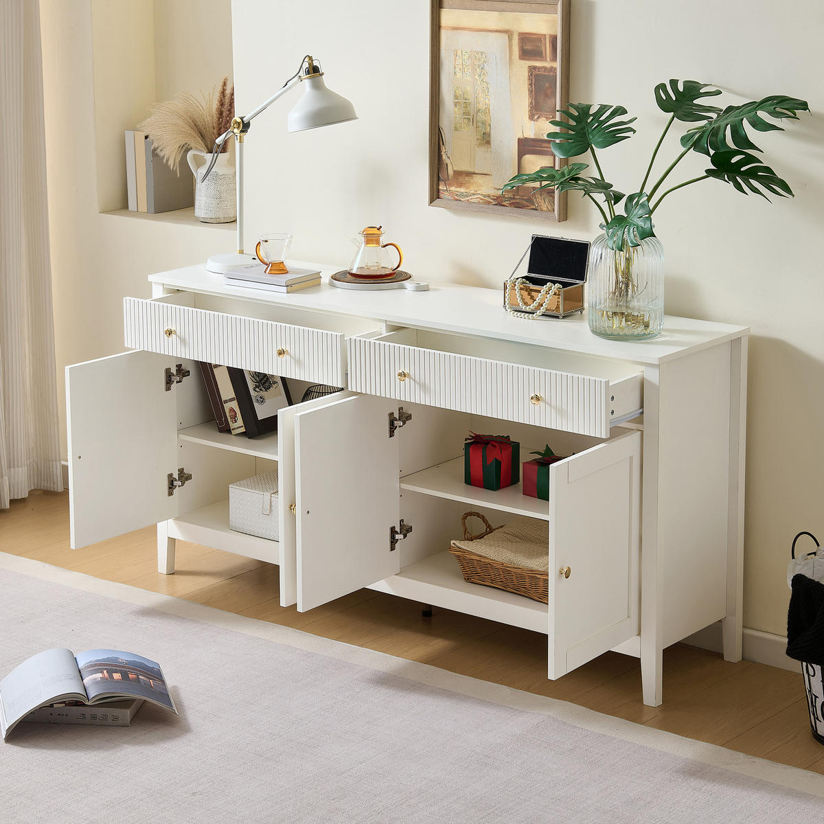 SIDEBOARD mit zwei Schubladen und vier Türen, goldene Griffe - Weiß - Weiß, Holz (39/82/160cm) - KOMHTOM