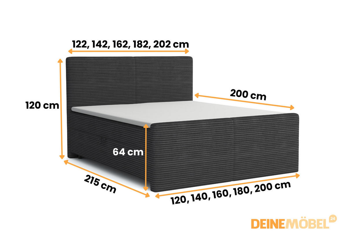 BOXBETT MIDI 180/200 in Cord Schwarz H3 - Schwarz, Holz/Holzwerkstoff (180/200cm) - Deine Möbel 24