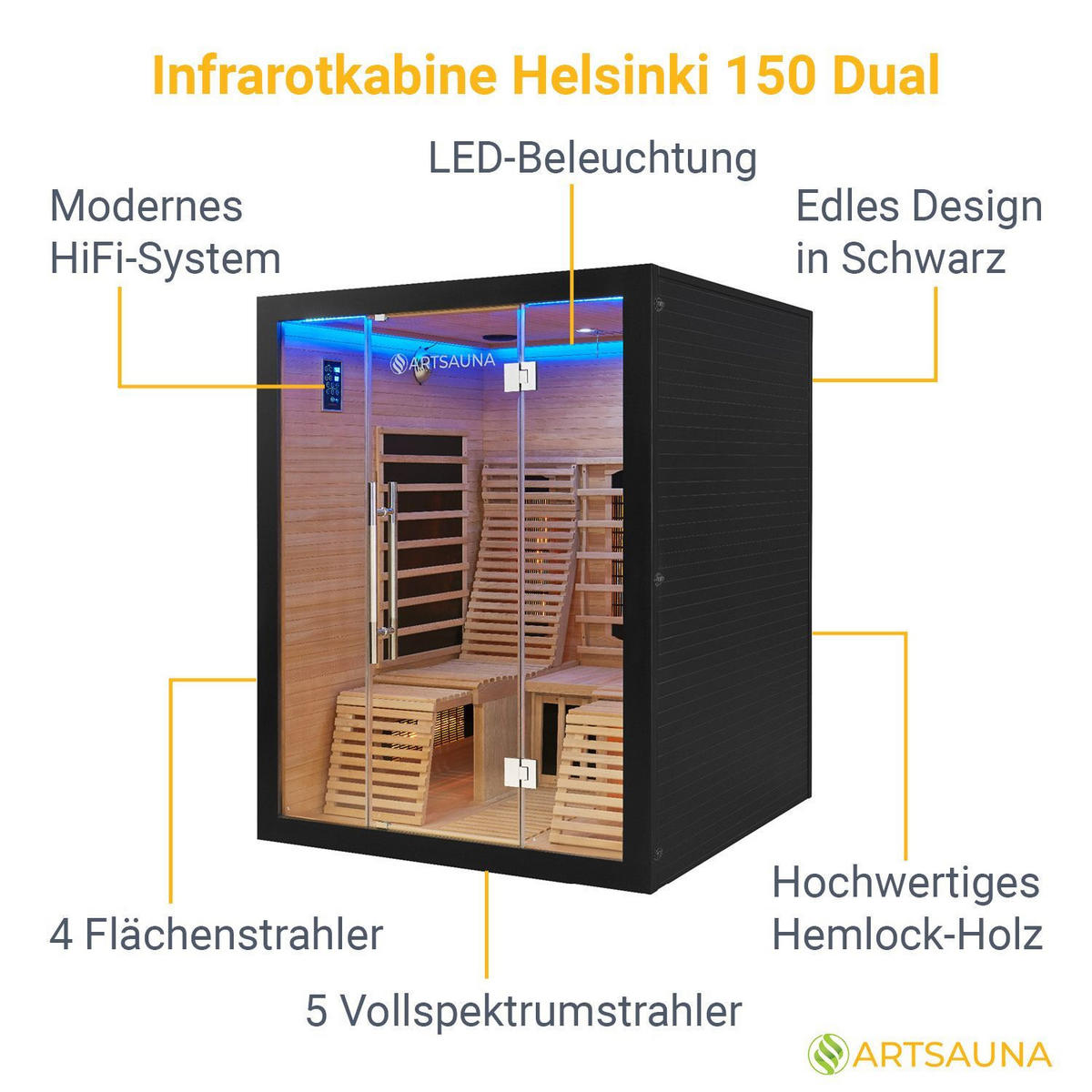 INFRAROTKABINE Helsinki 150 schwarz mit Dual Technologie & LED - Schwarz, Holz (150/190/150cm) - Artsauna
