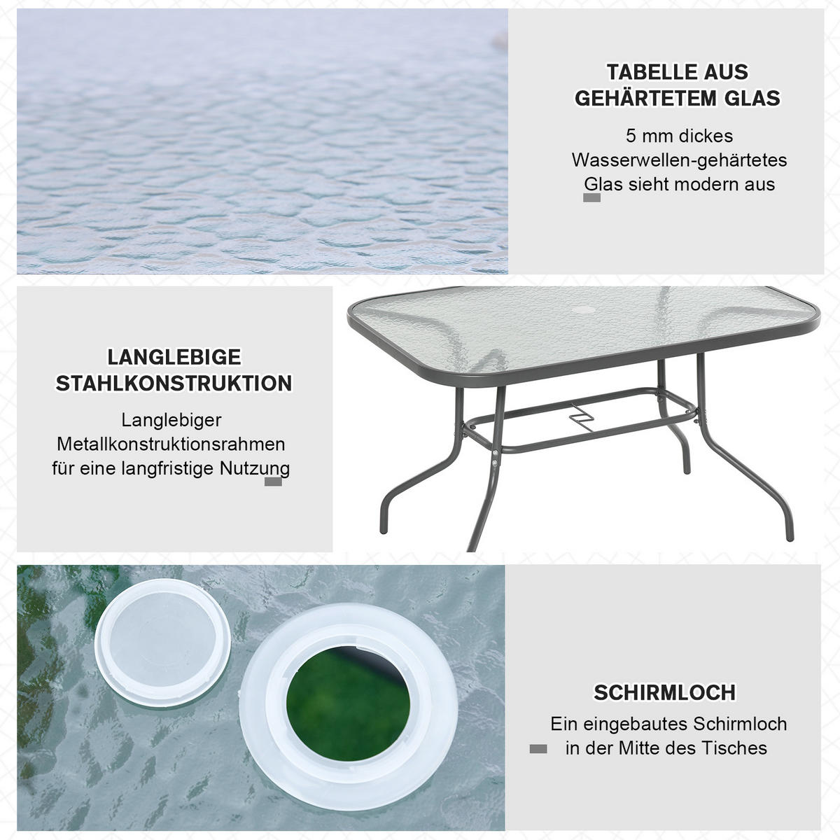 GARTENTISCH, Kohlegrau, Metall,Glas - Grau, Glas/Metall (120/80/70cm) - Outsunny