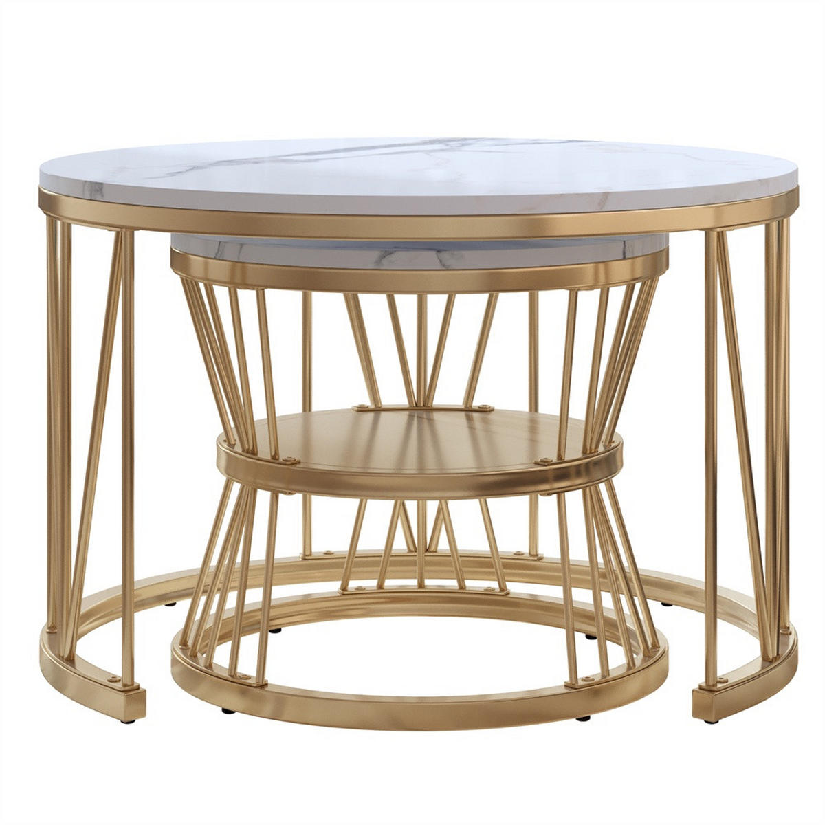 COUCHTISCH 2er-Set - Runder Couchtisch in Marmoroptik mit V-Metallgestell - Weiß und Gold - Goldfarben, Holzwerkstoff (70/70/45cm) - DELFA