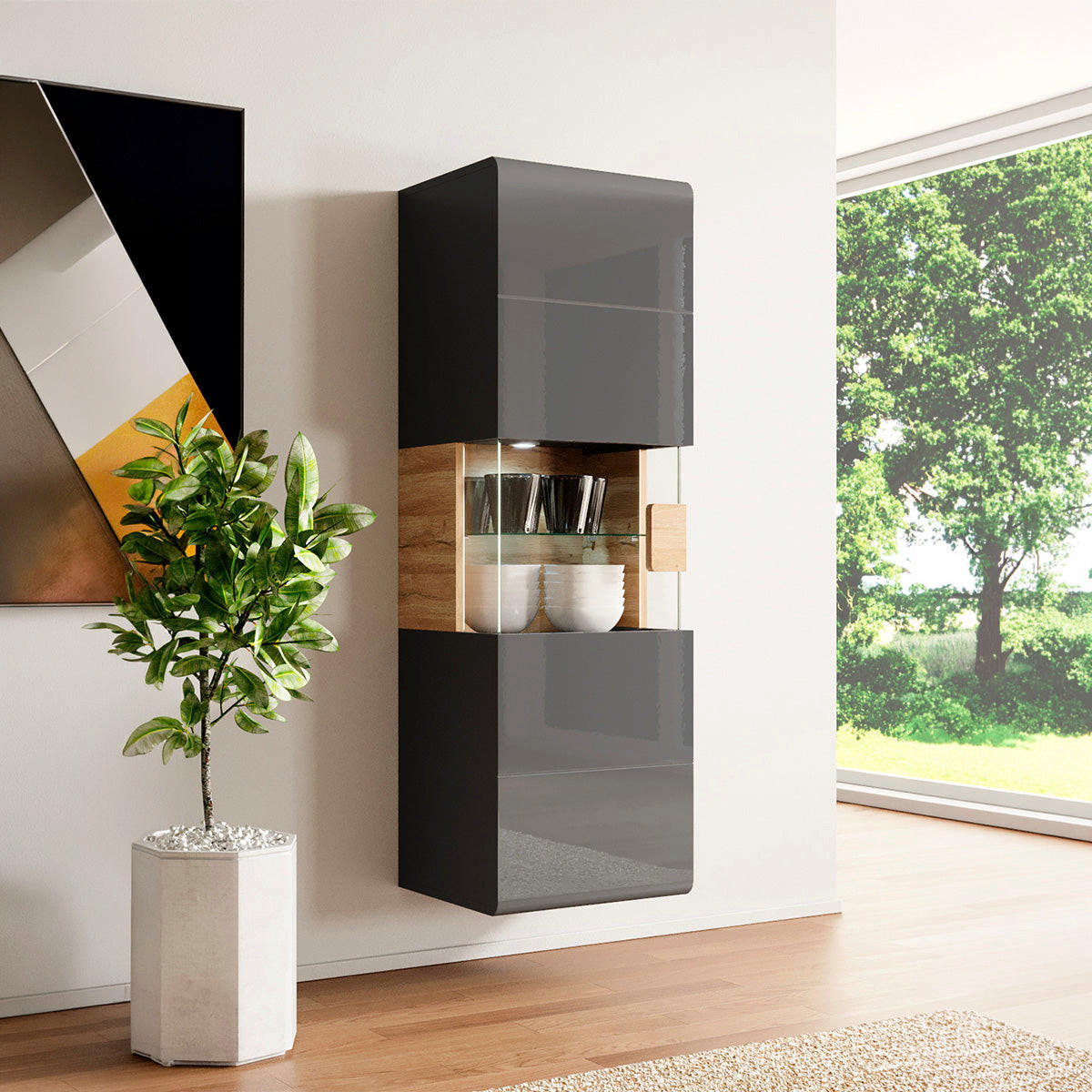 VITRINE Jules Grau und Holz - Grau, Holzwerkstoff (53/159/39cm) - Petits-meubles