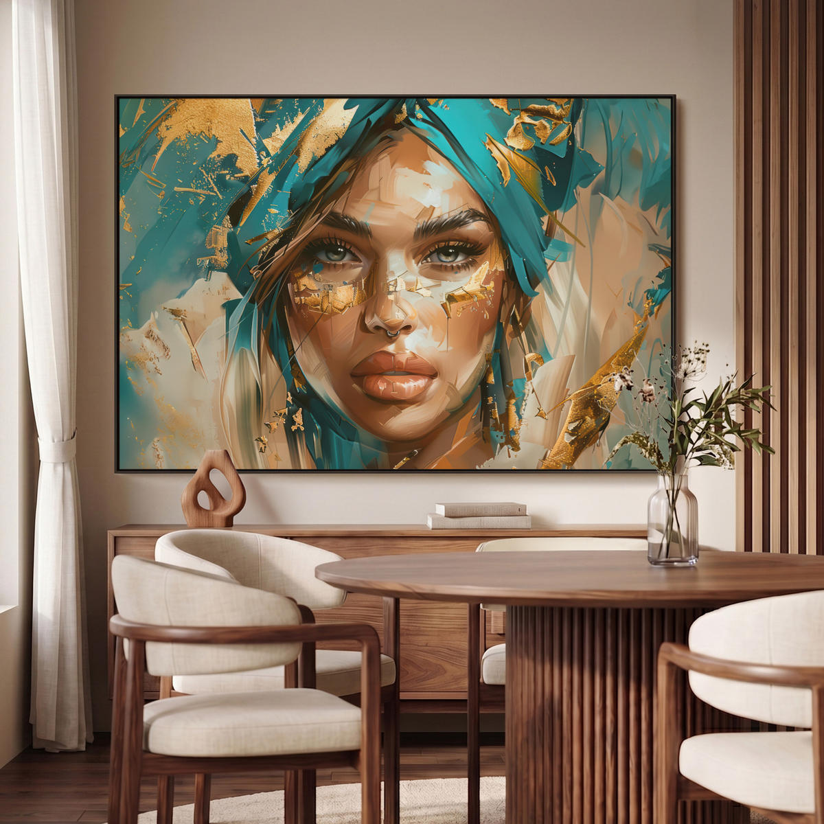 LEINWAND Bilder mit Rahmen - Frau - Porträt - Gold - Luxus - Blau - 120x80 - Türkis, Textil (120/80cm) - MuchoWow