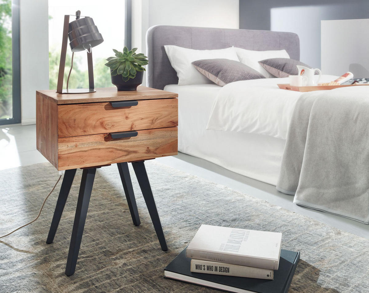 NACHTTISCH – Akazie Massivholz, Industrial-Stil, handmade, braun/grau - Beige/Anthrazit, Holz/Metall (47/65/35cm) - KADIMA DESIGN