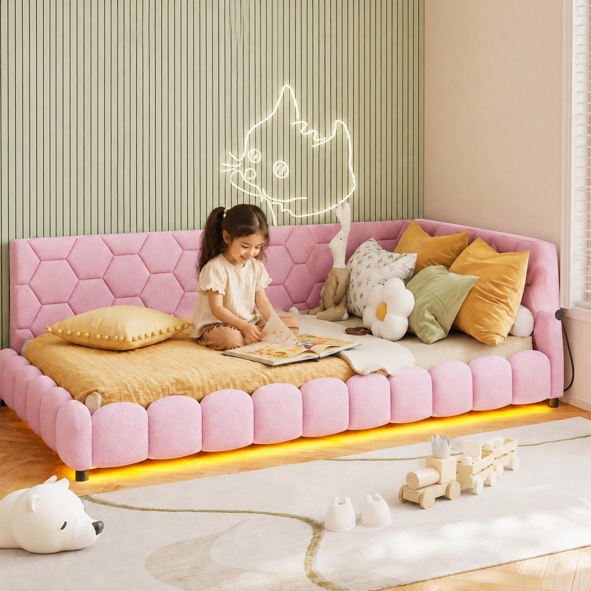 SCHLAFSOFA Lammwolle rosa mit LED-Beleuchtung, USB & Type-C Ladeanschluss, gepolsterter Eckkopfteil - Dunkelrosa, Metall (151.5/67.5/210cm) - Joyfair