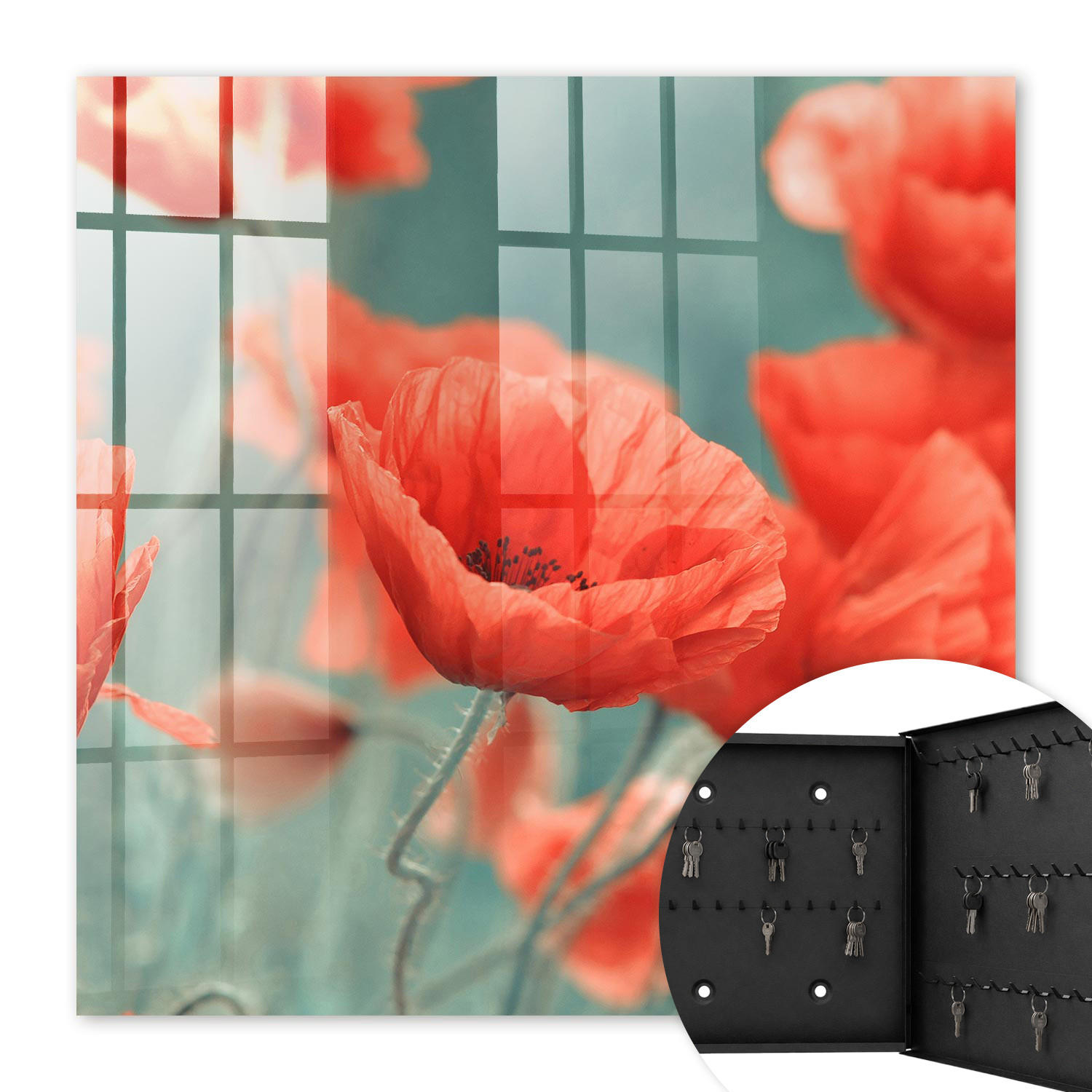 SCHLÜSSELBOX Schwarz 30x30 cm- Türöffnung nach rechts - Rote Mohnblumen - Rot, Metall (30/30/5cm) - TULUP