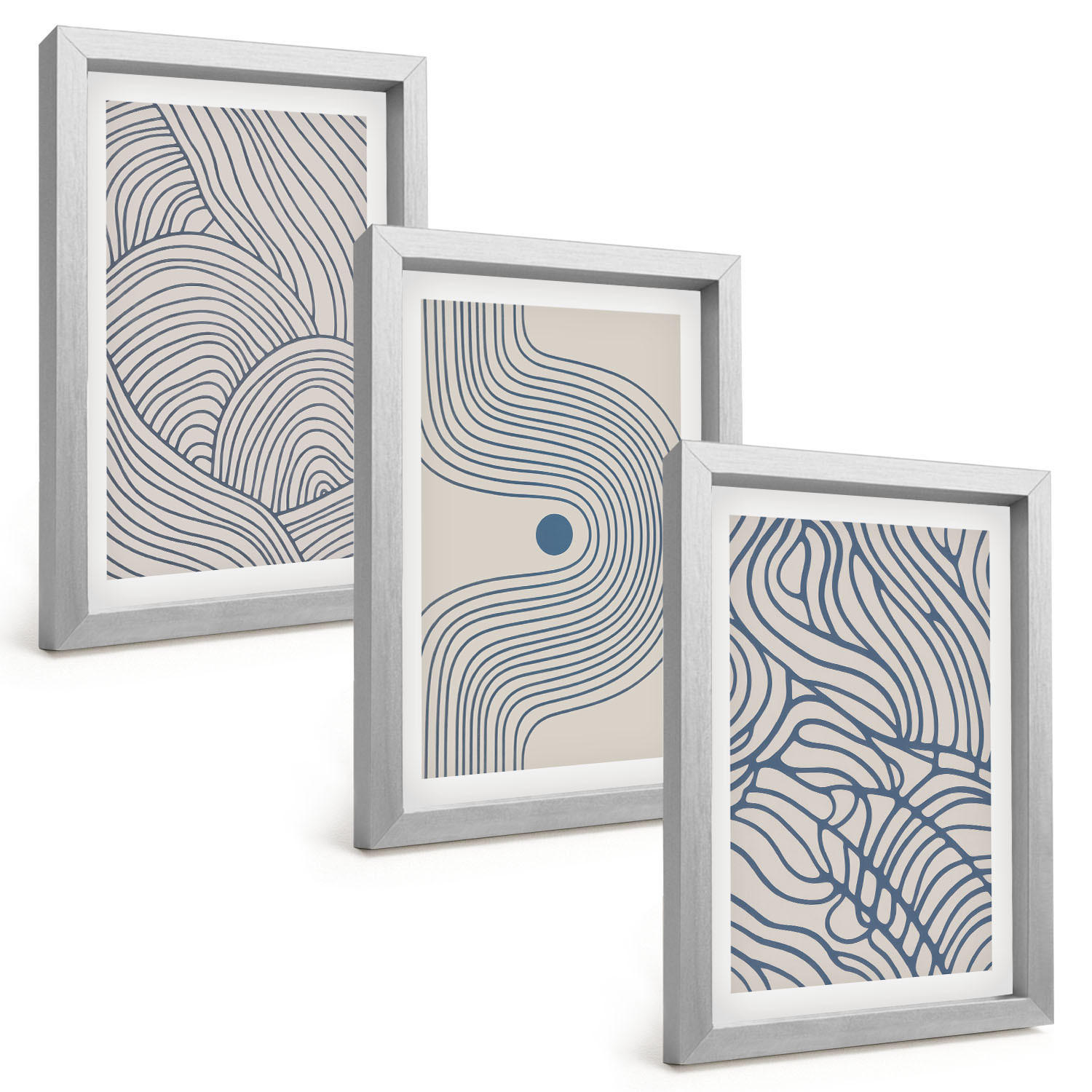 BILDER SET 3er Set - 20x30 cm Silberner Rahmen - Abstrakte Linien, Wellenformen - Silberfarben, Kunststoff (20/30cm) - TULUP