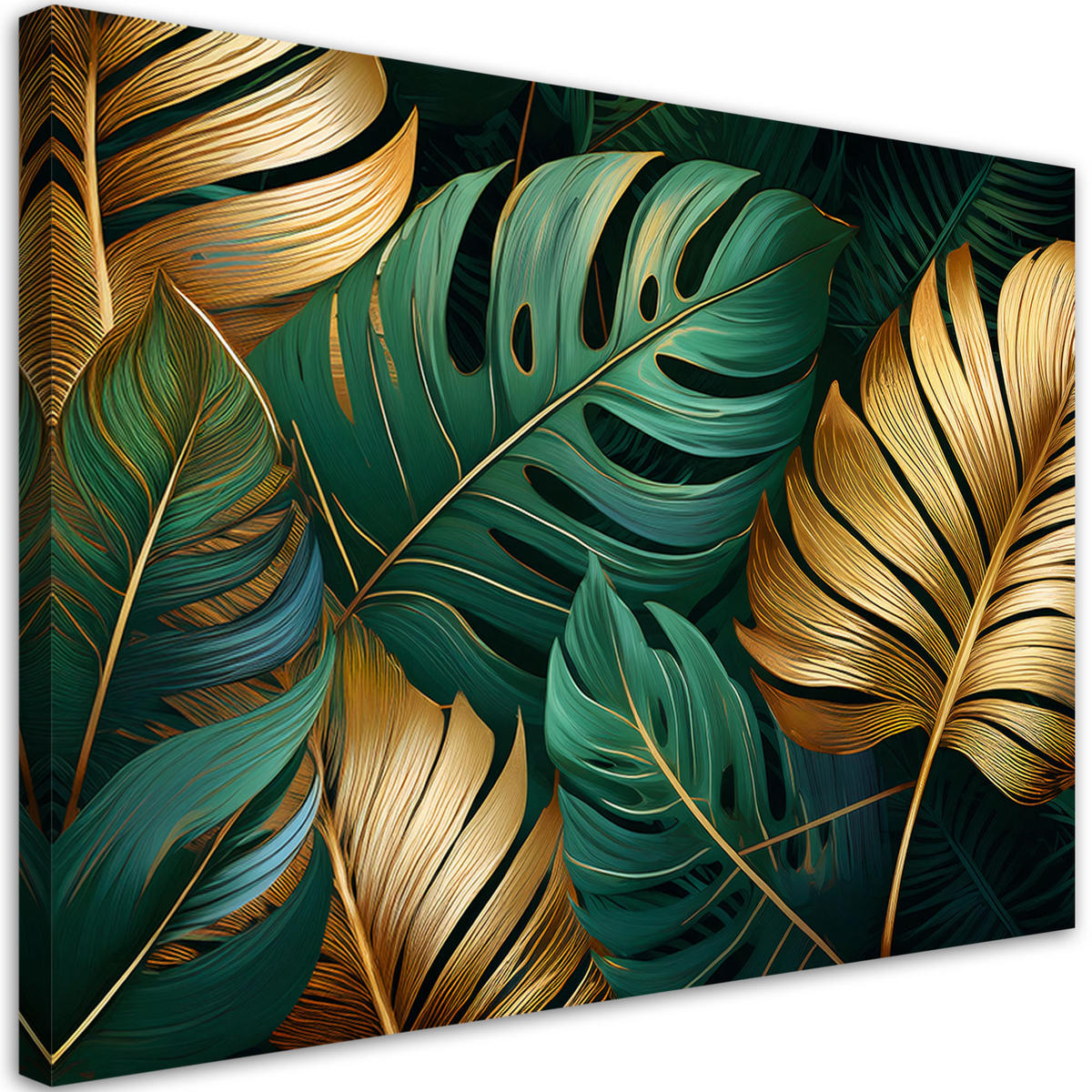 WANDBILD goldene und grüne monstera blätter - Grün, Textil (60/40cm) - Feeby