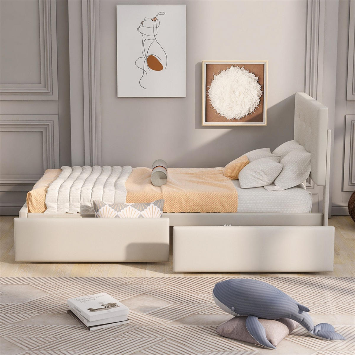 POLSTERBETT 90x200 cm mit 2 Schubladen auf Rollen - Gepolstertes Kopfteil - ohne Matratze - Beige - Beige, Textil (90/200cm) - DELFA