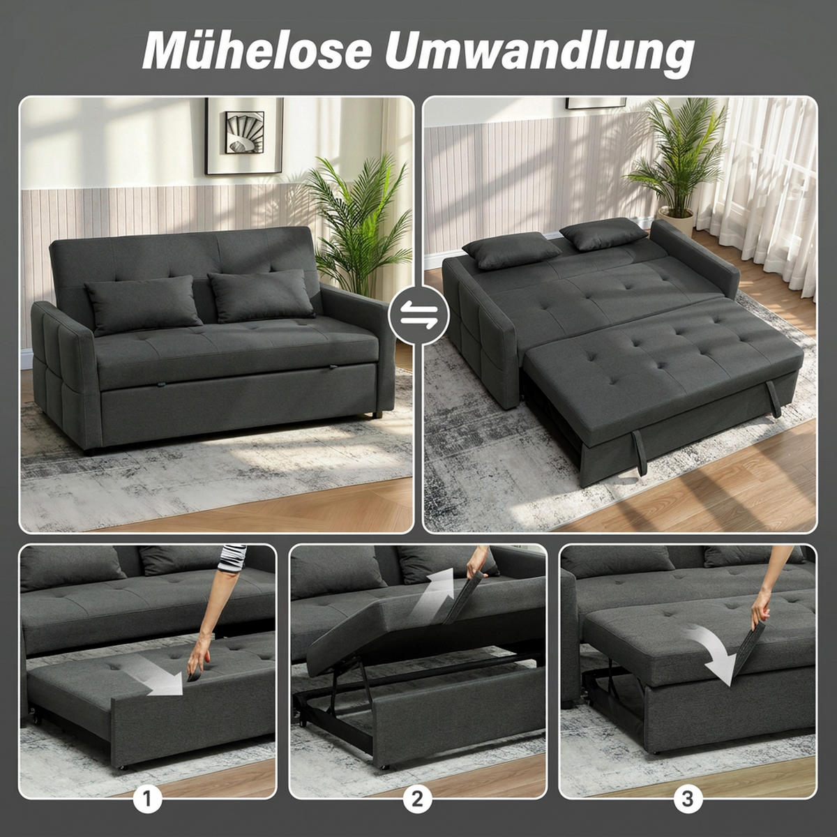 SCHLAFSOFA Polyester Dunkelgrau - Dunkelgrau/Schwarz, Kunststoff/Textil (85/85/160cm) - HOMCOM