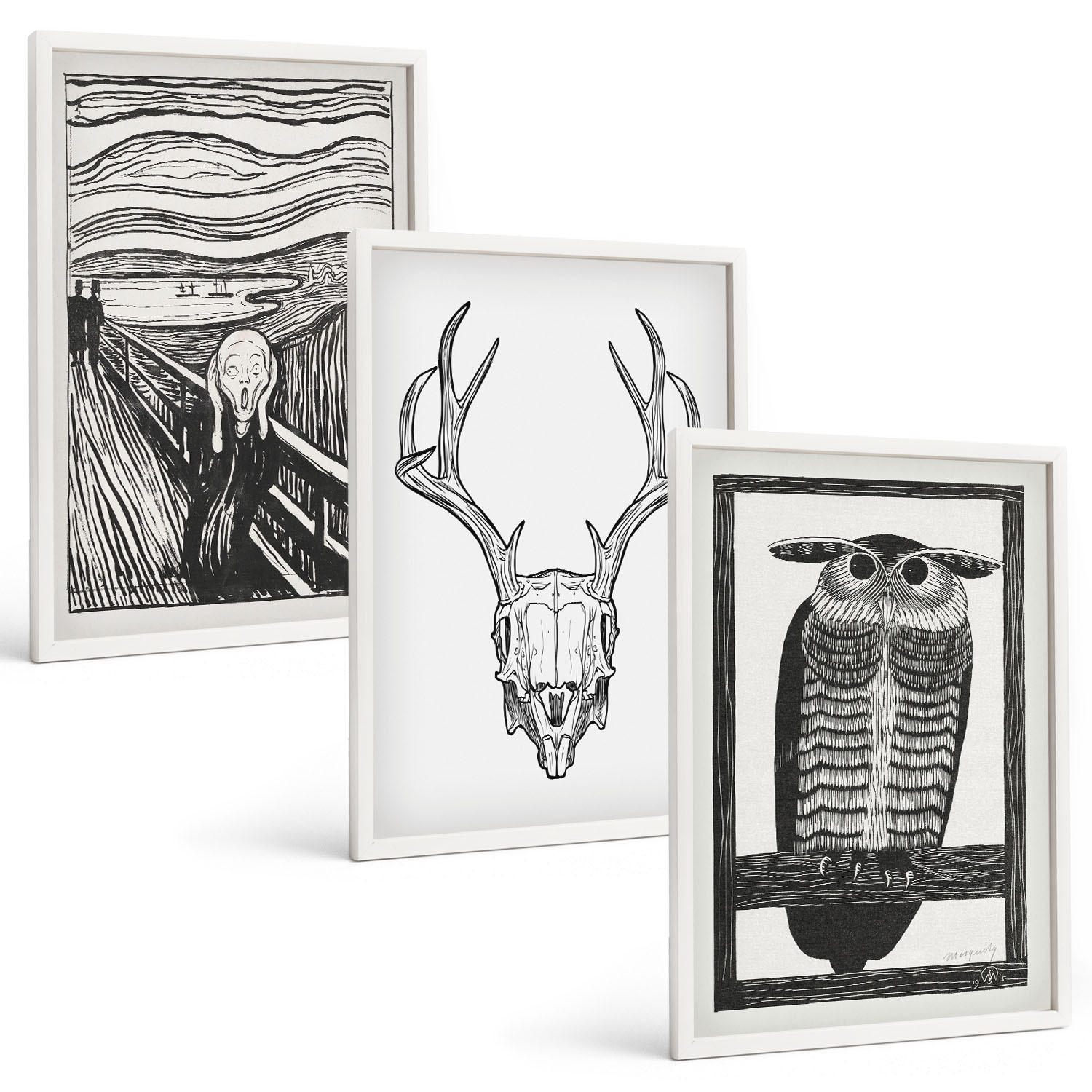 BILDER SET 3er Set - 40x60 cm Weißer Rahmen - Grafiken mit schreiendem Totenkopf-Eulen - Weiß, Kunststoff (40/60cm) - TULUP