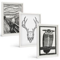 BILDER SET 3er Set - 40x60 cm Weißer Rahmen - Grafiken mit schreiendem Totenkopf-Eulen - Weiß, Kunststoff (40/60cm) - TULUP