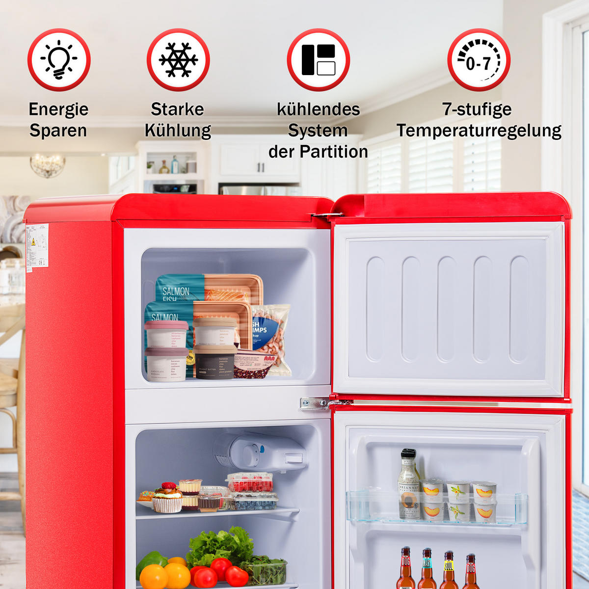 KUHLSCHRANK 45.5/42/88.8 cm Rot 60L mit LED-Licht, Energieklasse E - Rot, Metall (45.5/88.8/42cm) - Oxeza