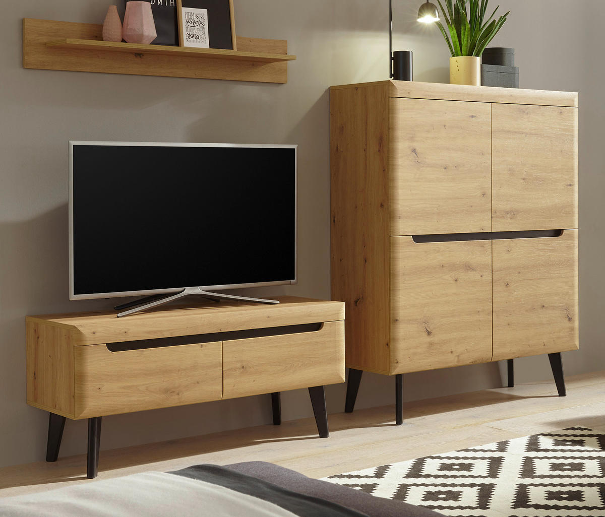 WOHNWAND 3-teilig Eiche Artisan, schwarz 234 cm, Schrankwand skandinavisch - Schwarz/Eiche Artisan, Glas/Holz (234/170/40cm) - Furn.Design
